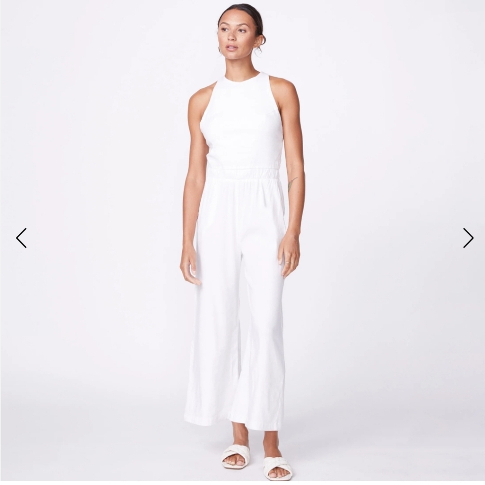 Monrow White Linen Jumpsuit Wide Leg High Neck Pockets Stretch S